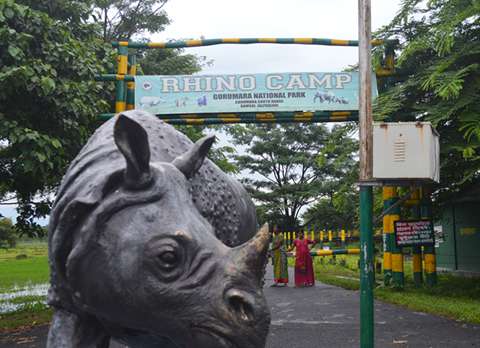 Rhino Statue in front of Rhino Camp